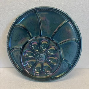 VTG INDIANA BLUE CARNVIAL GLASS DEVILED EGG RELISH PLATE TRAY SERVER 13" - Picture 1 of 20