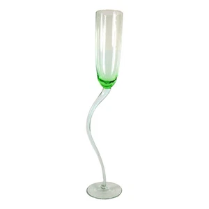 Hand Blown Curvy Stem Champagne Flute Creme De Menthe Green Art Glass - Picture 1 of 7