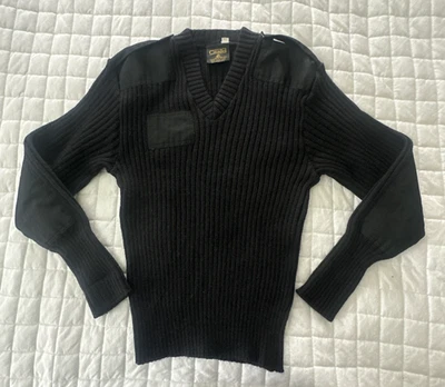 Vintage CITADEL Sweater Mens 40 UK Black Virgin Wool Elbow Shoulder Patch V-Neck - Image 1 of 4
