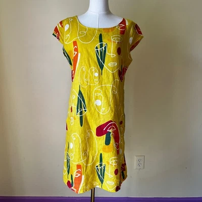 Super Belle Made in Italy Yellow Linen Abstract Faces Print Dress Size Medium - Image 1 of 4