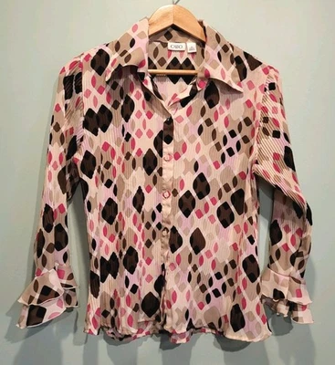 Y2K 棕色粉色几何褶皱长袖纽扣轻便上衣 M — 第 1/4 张图片