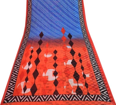 Sushila Vintage Blue & Orange Scrap Saree Blend Georgette Printed Sari Fabric - Image 1 of 4