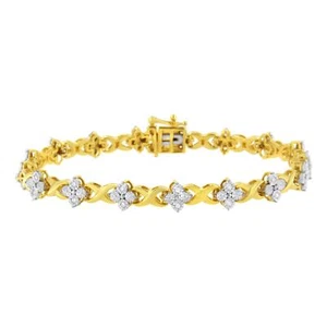 1/4 Ctw 10K Yellow Gold Diamond 4 Leaf Clover Link Tennis Silver Bracelet 7.25" - Picture 1 of 7