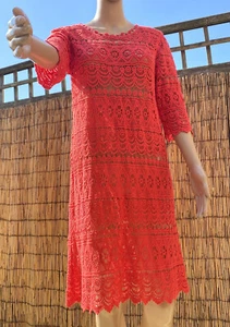 Vintage Dress 90s crochet red midi tunic summer beach cotton lace - Picture 1 of 11