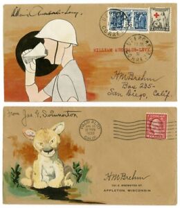 TWO ARTISTS 1930s SIGNED BREHM HAND PAINTED ART POSTAL COVERS AUTOGRAPHED