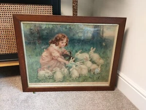 Original Antique Pears Soap Chromolitho Print Girl Feeding Rabbits 1904 Framed - Picture 1 of 9