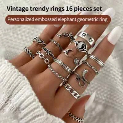 Anelli da donna Set 16 pezzi Anello Acciaio Colore Argento Serpente Catena Fiore - Immagine 1 di 4