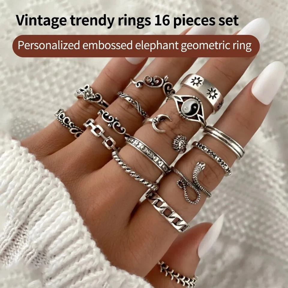 Anelli da donna Set 16 pezzi Anello Acciaio Colore Argento Serpente Catena Fiore - Immagine 1 di 4