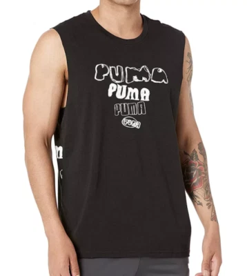Camiseta sin mangas de baloncesto PUMA para hombre pequeña triple doble aros gráfica negra Foto 1 de 4