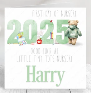 PERSONALISED FIRST DAY AT NURSERY CARD 1ST DAY OF NURSERY GOOD LUCK BEAR CARD - Picture 1 of 12