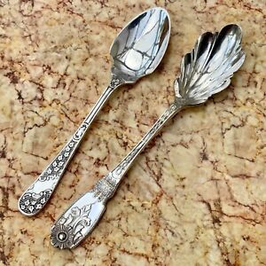 TWO ANTIQUE JAM PRESERVE SPOONS - ORNATE SILVER PLATE CUTLERY SHEFFIELD