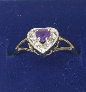 Elizabeth Duke VINTAGE 9CT GOLD AMETHYST RING Size “N” CZ HEART CLUSTER - Picture 1 of 12