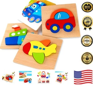 Brain-Building Toddler Wooden Puzzles - 4 Vehicle Patterns in Bright Colors - Picture 1 of 7