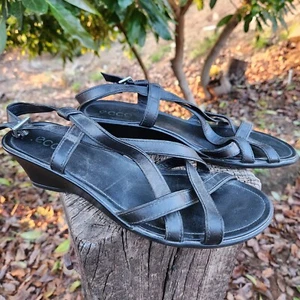 Ecco Gladiator Strappy Sandals 41 (10-10.5) Black Heel Wedge 43943 - Picture 1 of 9