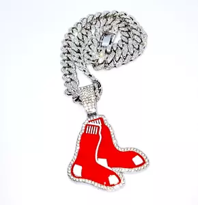 BOSTON RED SOX GEM NECKLACE Silver Hip Hop MLB Team Bling Pendant & 20" Chain - Picture 1 of 4