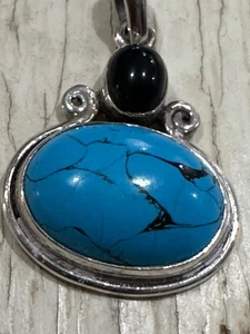 Vintage Sterling Silver 925 Turquoise Black Jade Pendant - Picture 1 of 6