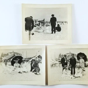 3 Antique Photos People Relaxing At Beach Sailor Bird Hat Fashion Umbrellas - Picture 1 of 13