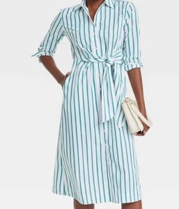 Abito midi donna manica lunga filo universale a righe blu e verde tg:M - Foto 1 di 2
