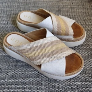 UNISA White Tan Suede/Fabric Mix 'Basile' Platform Espadrille Slides/Sandals 38 - Picture 1 of 16