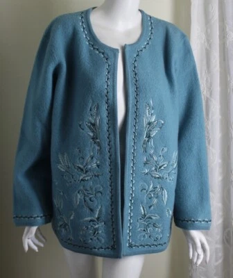 NWT Linea Louis Dell'Olio Sz 1X Blue 100% Wool Embroidered Boiled Sweater Jacket - Image 1 of 4