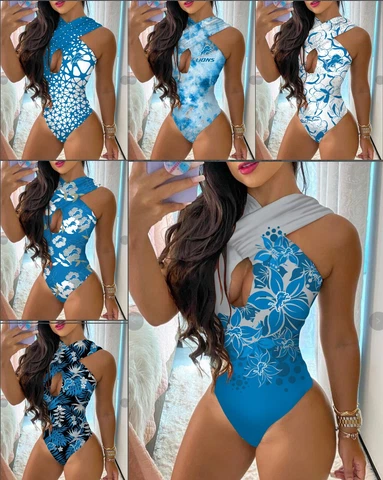 Detroit Lions Women's One Piece Halter Neck Bathing Suit Front Cutout Swimwear Cover