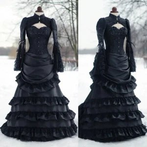 Gothic Victorian Schwarz Brautkleid Hochgeschlossen Langarm Satin Korsett Kleid - Bild 1 von 10