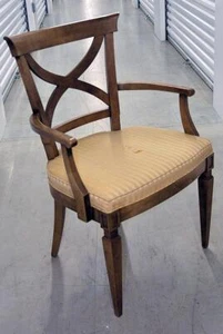 OAK ARMCHAIR WITH GOLD STRIPED UPHOLSTERY, HANDSOME, COMFORTABLE, STURDILY MADE - Picture 1 of 1