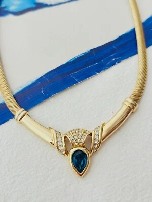 Collar Christian Dior Vintage Zafiro Pavo Real Pluma Lágrima Gota Cristal Malla Foto 1 de 4