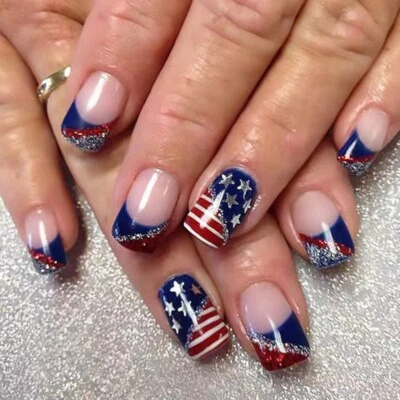 Independence Day French Tip Press on Short Square Fake Glues on - Image 1 of 4