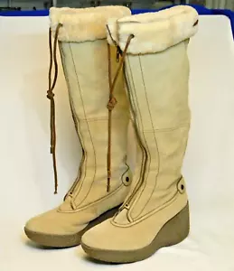 COLE HAAN Tan Suede Sheepskin Sherpa Lined 16" Shaft Knee High Wedge Boots 9.5B - Picture 1 of 11