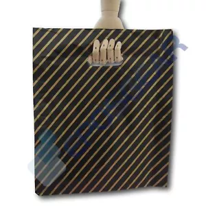 More details for 100 large black and gold striped gift shop boutique market plastic carrier bags
