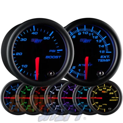 GlowShift 52mm Black 7 Color 60PSI Diesel Boost + 1500F EGT Pyrometer Gauge Set - Image 1 of 4