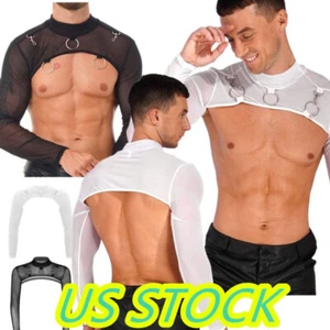 Hombres Malla Transparente Manga Larga Top Corto Cuello Simulado Media Camisetas Prendas para el torso Ropa de club - Imagen 1 de 31