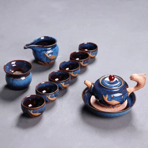 Chinese Tea Set Fish Relief Porcelain Jun Kiln Tea Pot Holder Pitcher Tea Cup - Picture 1 of 13