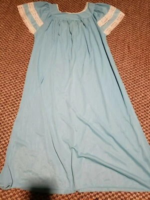 VTG  MUUMUU BLUE LACE TRIM ALL NYLON -pastel blue LONG NIGHTGOWN SIZE L - Image 1 of 4