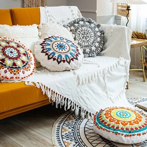 Trendy Ethnic Style Hand Embroidered Round Pillow Case for Modern Decor - Picture 1 of 20
