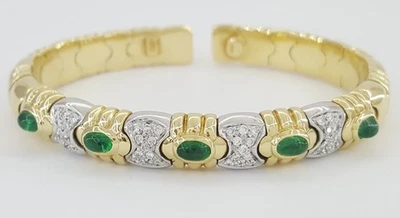 Virginia Capri Pave Diamond Emerald Bangle Bracelet 18K Gold Italy 0.44 ct 38g - Image 1 of 4