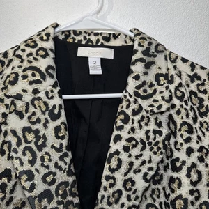Chicos Blazer Womens 2 Animal Print Leopard Gold Metallic Button Up Jacket - Picture 1 of 8