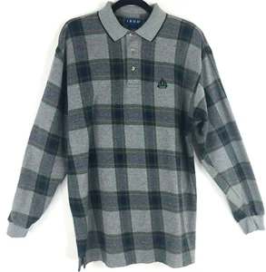 Vtg Izod Men's Sz M Polo Shirt Plaid Long Slv Embroidered Crest 3 Button Collar - Picture 1 of 9