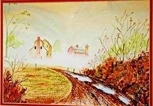 original watercolor nicely matted framed foggy country farm buildings - Picture 1 of 9