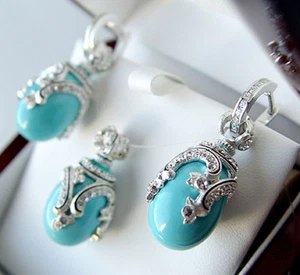 SALE ! SUPERB ENAMEL EGG PENDANT & EARRINGS SET STERLING 925 GENUINE TURQUOISE - Picture 1 of 1