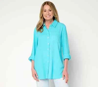 Túnica Denim Co Naturals mistura de linho botão frente-azul aqua-petite pequena-A643839 - Imagem 1 de 2