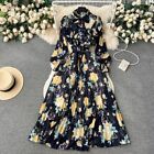 Women Pleated Chiffon Floral Dress Tie Neck Ruffled Long Sleeve Belted Fashion