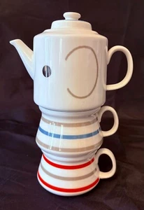 Shinzi  Katoh Tea For Two PAO Ceramic Stackable Tea Set Striped Cups White - Picture 1 of 7