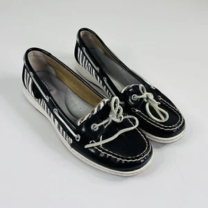 Sperry Top Sider ANGELFISH Black Patent Leather Zebra Sequin Boat Shoes Sz 9.5 M - Picture 1 of 8