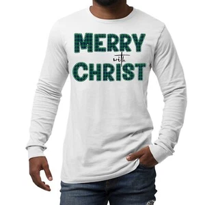 Mens Long Sleeve Graphic T-shirt Merry with Christ - Green Plaid - Picture 1 of 26
