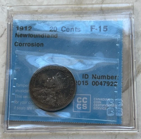 1912 Newfoundland 20 Cents - CCCS Soft Holder - Corrosion  KS Cover