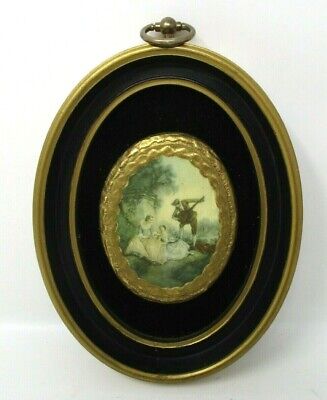 Vintage Oval Picture Black Velvet Gold Accents Ladies In Garden With Man • 31.85$