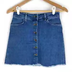 Mavi Jean Mini Skirt Womens Button Front Blue Denim A-Line Raw Hem XS - Picture 1 of 8