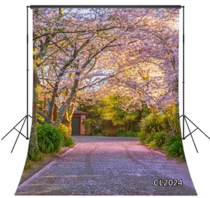 Spring Sakura Flowers Trees Small Road 8X10FT Vinyl Backdrop Photo Background LB - Picture 1 of 9